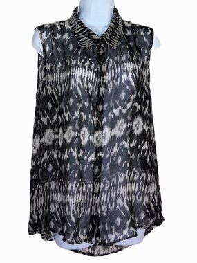 Bik Bok Sleeveless Top Black & Shades of Gray Animal Print Sheer Blouse Flowy L